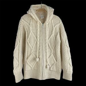 Indian Creations Fisherman Hooded Wool Zip Cardigan Sweater Women M Cream Chunky